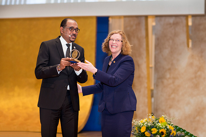 At the conclusion of the symposium, Sterk honored Michel Sidibe with the President's Medal, the first she has awarded as Emory's new president.